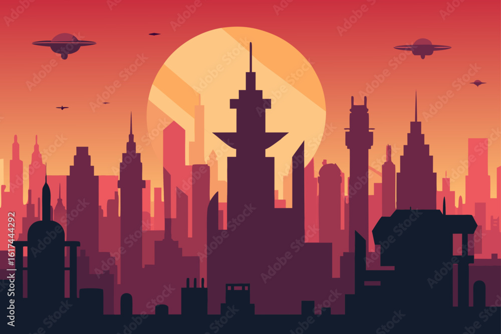 Fototapeta premium Futuristic cityscape with flying saucers under a large sunset