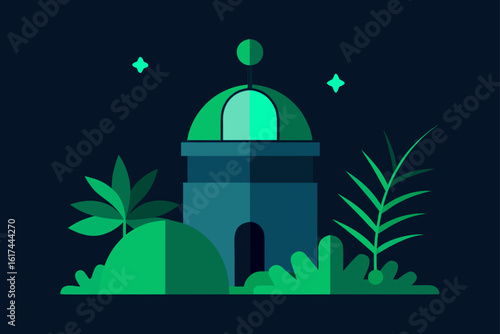 Flat design observatory tower under a starry night sky