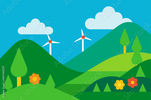 Stylized landscape with wind turbines and flowers