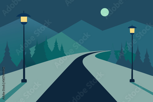 Serene night drive through snowy mountains with streetlights