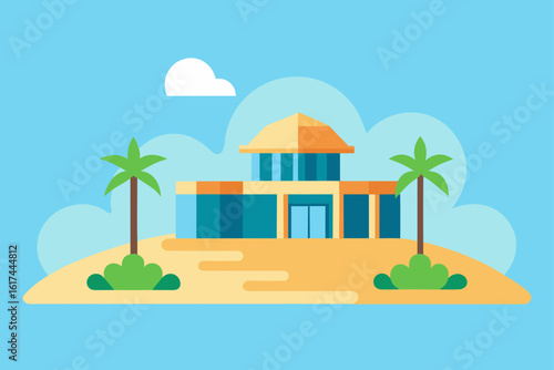 Modern beachfront building with palm trees and blue sky