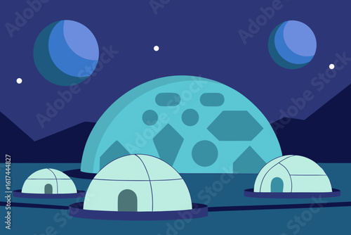Alien planet landscape with domes and moons
