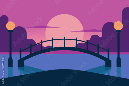 Tranquil bridge scene under a pink and purple sunset sky