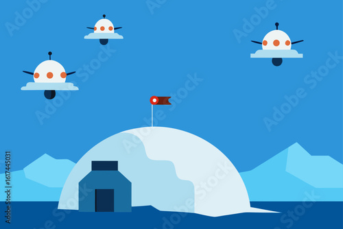 Alien invasion of an arctic base with ufos flying overhead