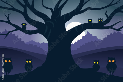 Spooky night scene with silhouetted owls and a full moon