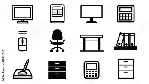 Set of design icons representing office workspace and business elements