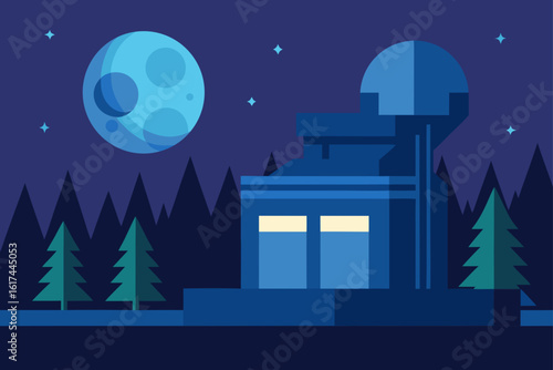 Flat design observatory under a full moon at night
