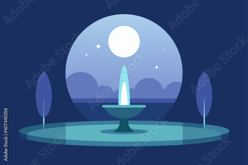 Serene nighttime fountain scene with moon and stars