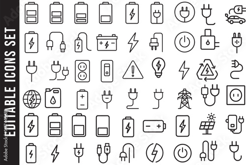 Electricity, Power, and Charging Vector Line Icon Set