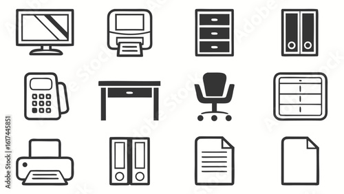 Set of design icons representing office workspace and business elements