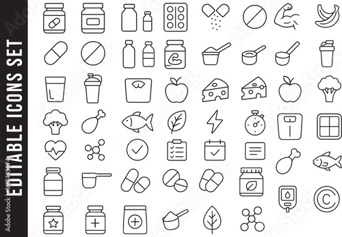 Fitness Supplements, Vitamins, and Nutrition Line Icon Set