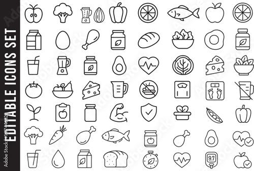 Healthy Diet, Food, and Nutrition Line Icon Set