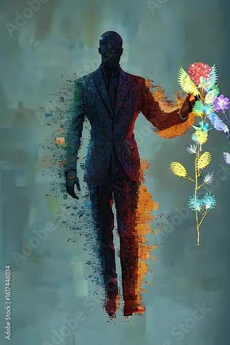 Abstract Man in Suit Dissolving Pixel by Pixel Modern Business Concept