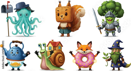 Colorful Lineup of Odd Creatures with Strange Bodies and Playful Faces in Two Neat Rows