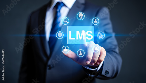 Business professional interacting with learning management system interface suit