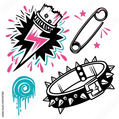 Collection of punk rock inspired graphic elements including a lightning bolt safety pin spiked collar and dripping swirl
