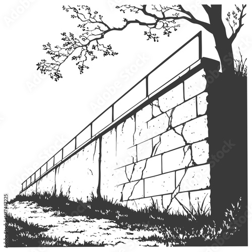 Cracked stone retaining wall with railing and tree branches overhead in a stylized black and white illustration