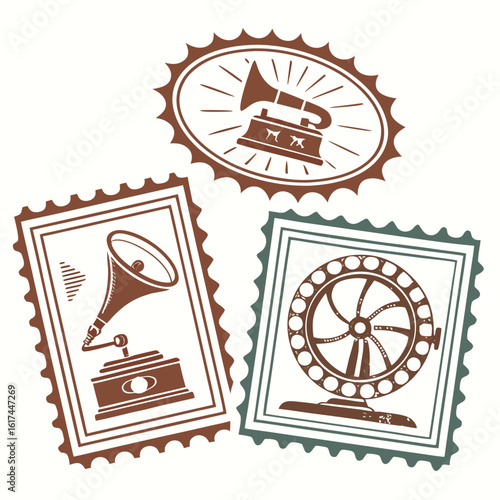 Vintage stamp collection featuring gramophone and old mechanical device designs
