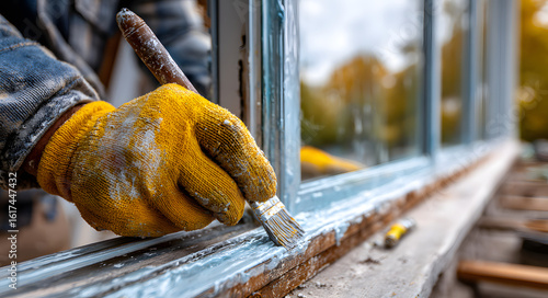 Skilled construction worker applying silicone sealant to a new window frame