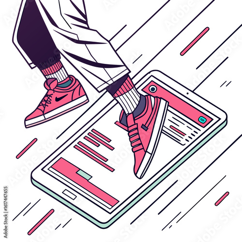 Creative illustration of a person s legs and sneakers stepping on a digital tablet screen