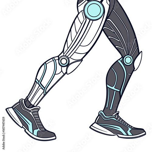 Futuristic cyborg legs with advanced prosthetic limbs and athletic shoes in motion