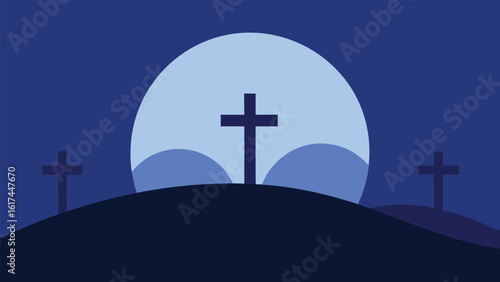 Christian easter cross silhouette against a large moon and hills