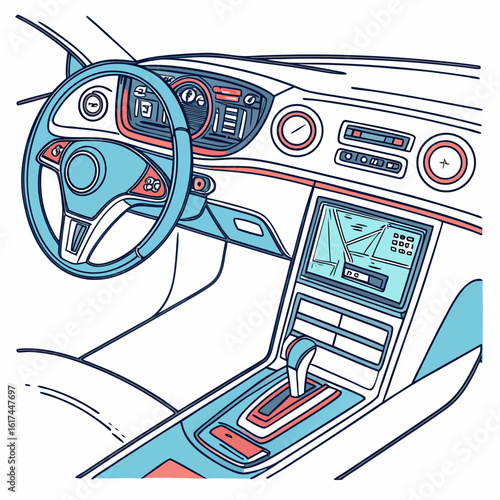 Vector art of car dashboard interior with steering wheel isolated on white background