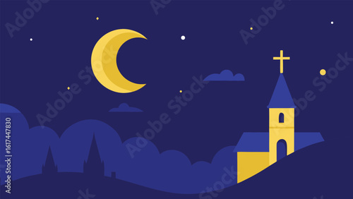 Stylized church steeple with cross under a crescent moon at night