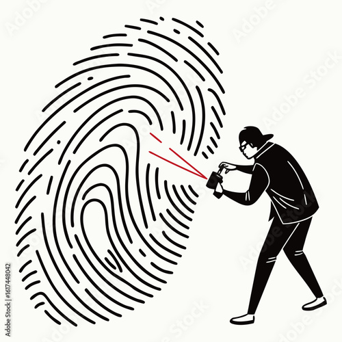 Thief wearing mask and cap attempts to erase fingerprint with spray can and laser