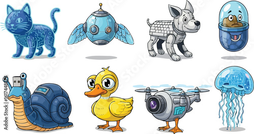 Cute Tech-Inspired Fantasy Bots and Creatures in Two Bright Rows on White Background with Futuristic Elements