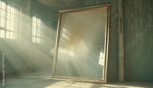 Mirror Standing Upright in Abandoned Room with Natural Light Rays