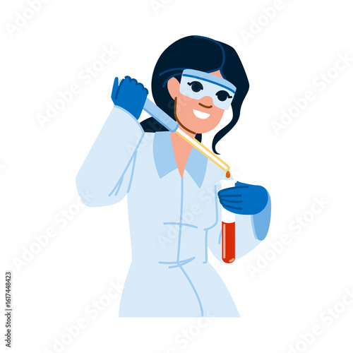Female scientist character conducting a chemical experiment in a laboratory. A young woman researcher with a pipette and test tube.