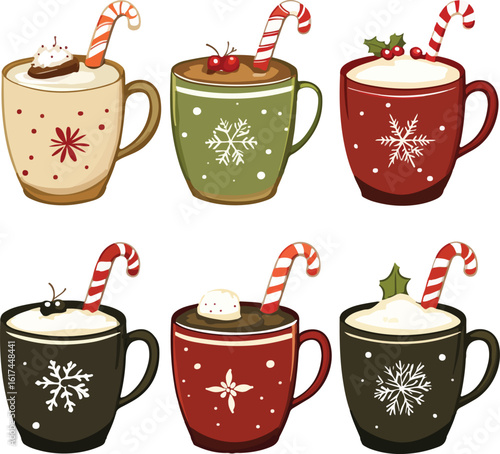 Festive Christmas Hot Chocolate Mugs with Candy Canes and Holiday Decorations