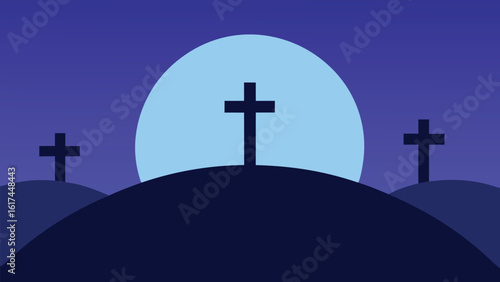 Three crosses on a hill against a large moon at night