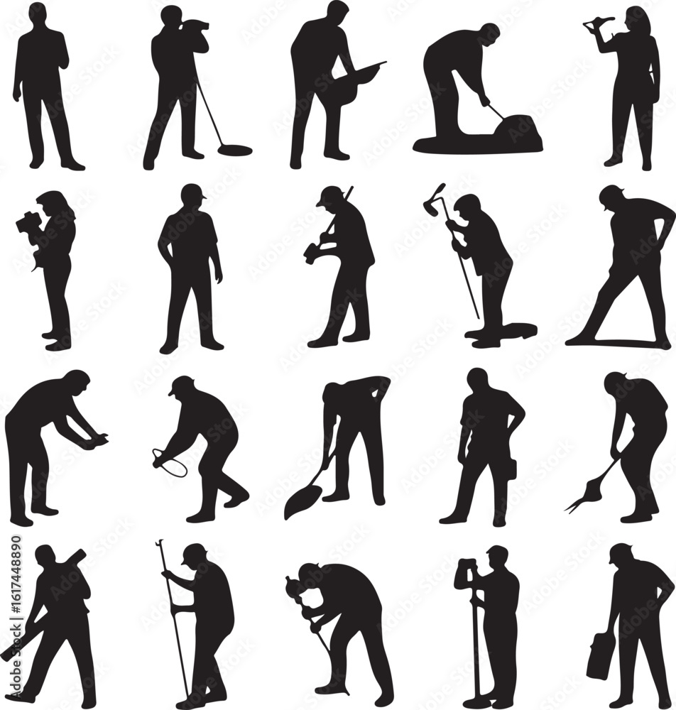 Obraz premium American Worker Silhouette IllustrationHardworking Laborer Silhouette VectorConstruction Worker with Tools SilhouetteStrong American Worker Outline ArtIndustrial Worker Silhouette Design