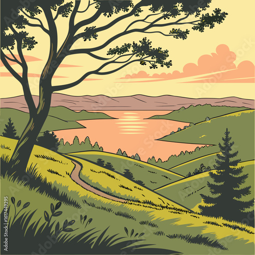 Serene landscape with rolling green hills a calm lake and a large tree at sunset