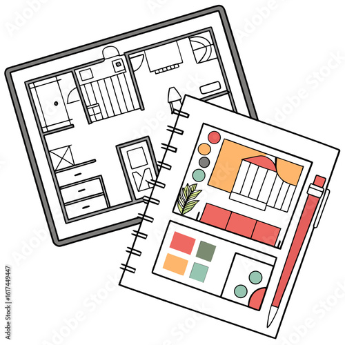 Interior design inspiration notebook open to mood board and floor plan on tablet