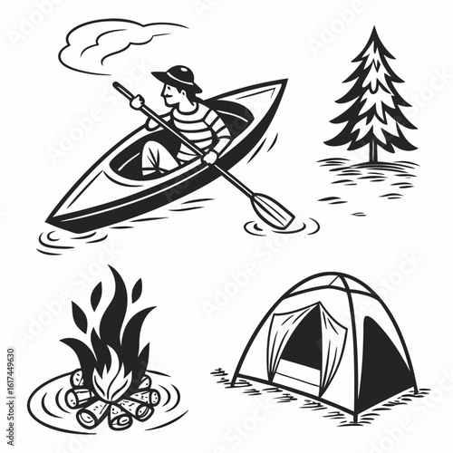 Man kayaking near a campfire tent and pine tree in a stylized black and white illustration