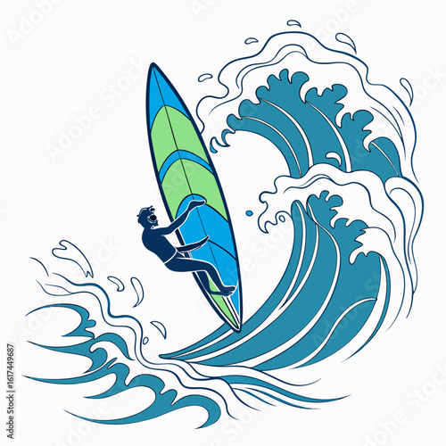 Silhouette of a windsurfer riding a large blue and green wave with splash and spray