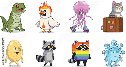 Funny Fantasy Beings with Strange Forms Standing in Two Rows on Bright White Background Looking Curious and Alive