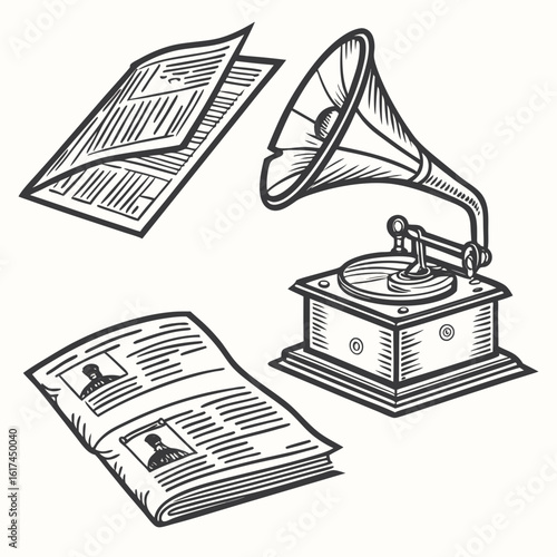 Vintage gramophone and newspapers illustrate past eras of news and entertainment