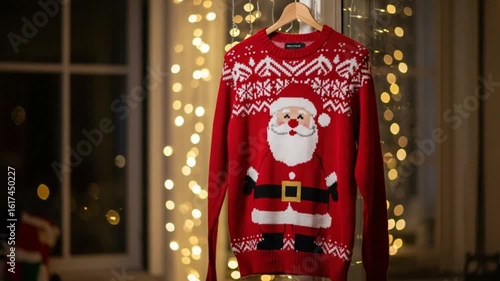 Christmas sweater with Santa Claus design hangs against a window with warm holiday lights