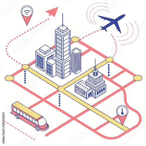 Isometric map showing transportation routes connecting city buildings bus and airplane with location pins