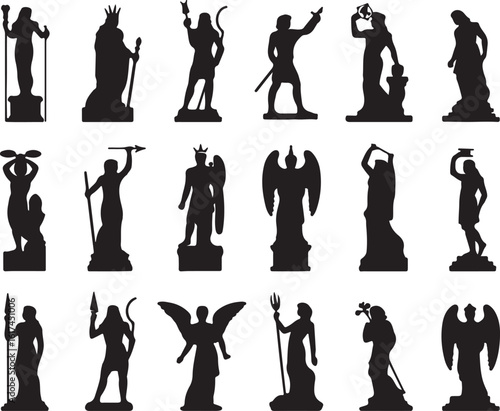 Ancient figures mythological beings angelic creatures silhouette statues