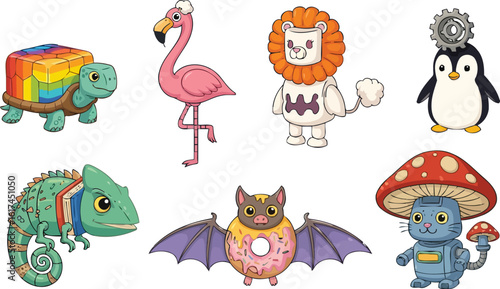 Odd Parade of Imaginary Cartoon Animals Marching in Two Clean Rows with Colorful Bodies and Big Eyes