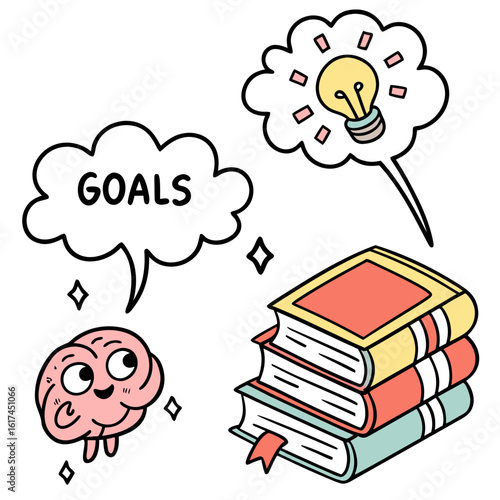 Cute cartoon brain with speech bubble saying goals and stack of books with lightbulb idea