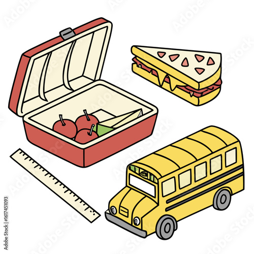 Back to school lunchbox with sandwich apples ruler and yellow school bus