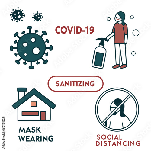 Covid 19 prevention measures including mask wearing sanitizing and social distancing to stop virus spread