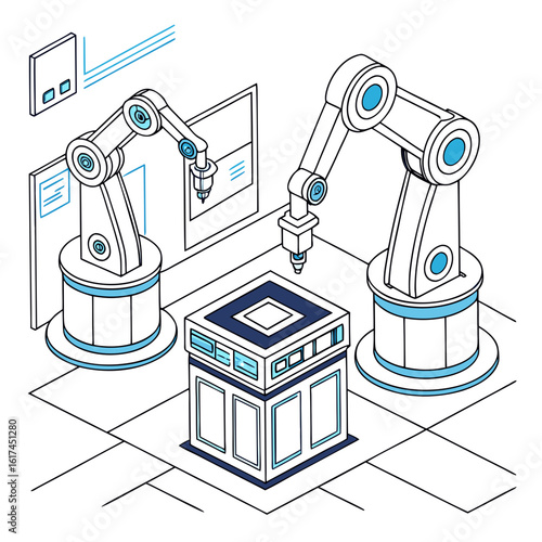 Modern factory automation with robotic arms assembling a futuristic structure in a clean industrial setting