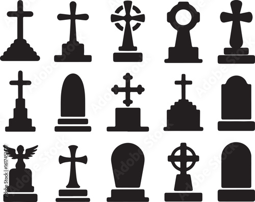 Black silhouette gravestones and crosses of various designs tombstone cemetery